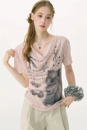 Peach Pink Cat Print T-Shirt