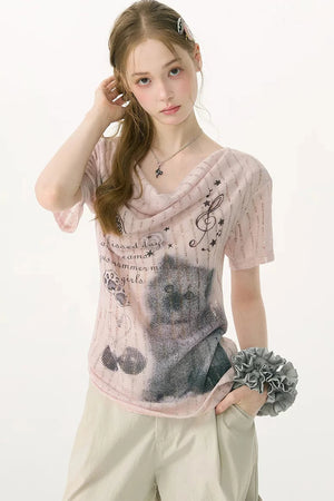Peach Pink Cat Print T-Shirt