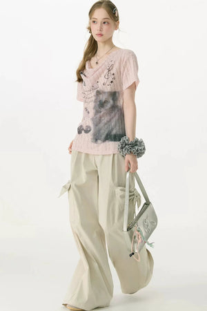 Peach Pink Cat Print T-Shirt