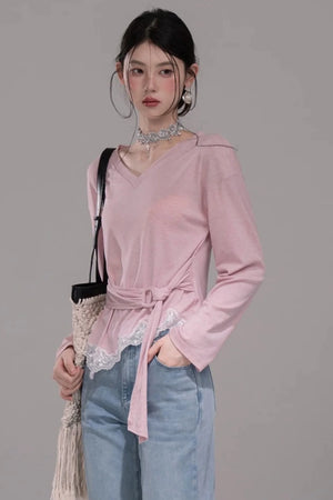Peach Pink Lace Tie Blouse