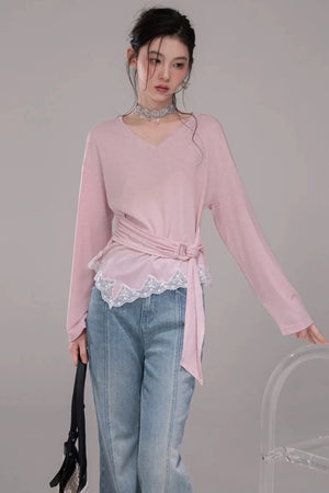 Peach Pink Lace Tie Blouse