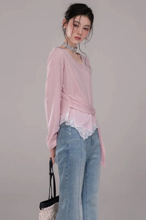 Peach Pink Lace Tie Blouse