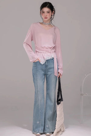 Peach Pink Lace Tie Blouse