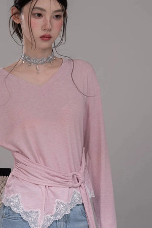 Peach Pink Lace Tie Blouse