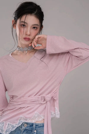 Peach Pink Lace Tie Blouse