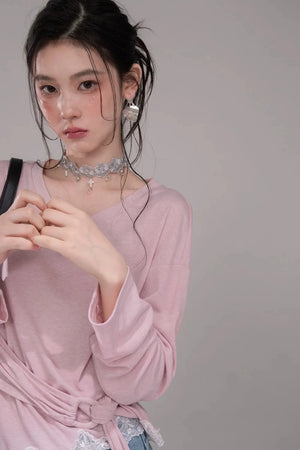Peach Pink Lace Tie Blouse