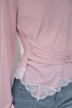 Peach Pink Lace Tie Blouse