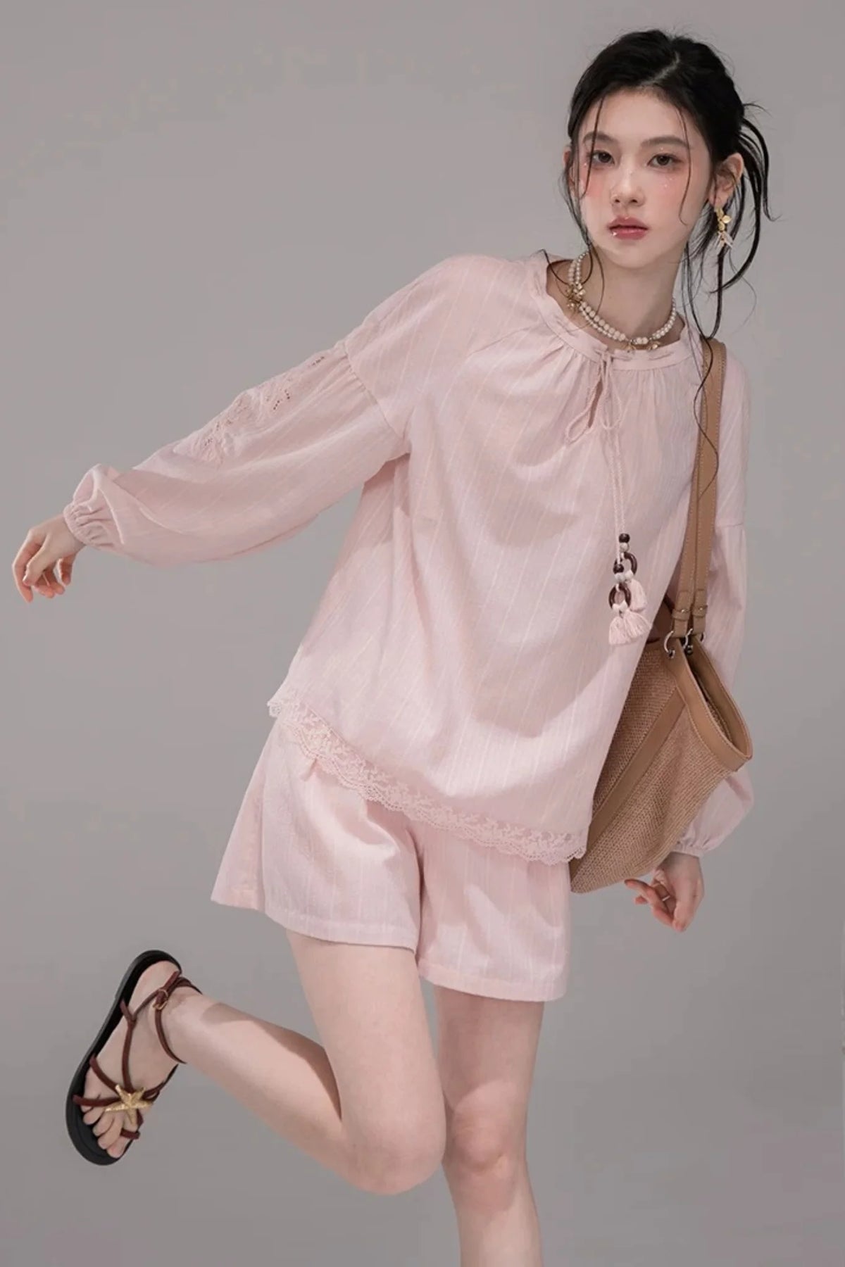 Peach Pink Striped Blouse Set-Up