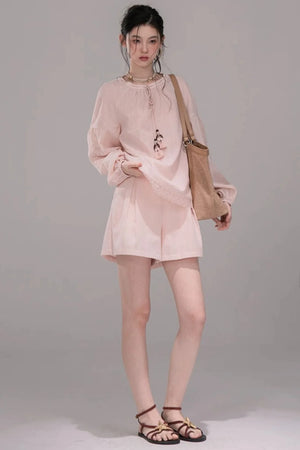 Peach Pink Striped Blouse Set-Up