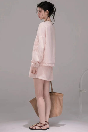 Peach Pink Striped Blouse Set-Up