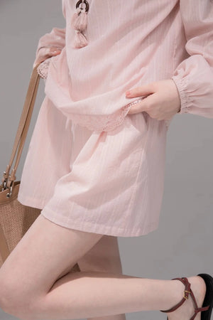 Peach Pink Striped Blouse Set-Up