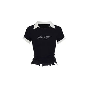 Pearl Letter Design Patchwork Knit Top