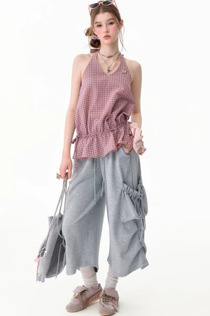 Pink American Retro Plaid Halter Tank Top