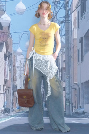 Pink And Yellow V-Neck Tee
