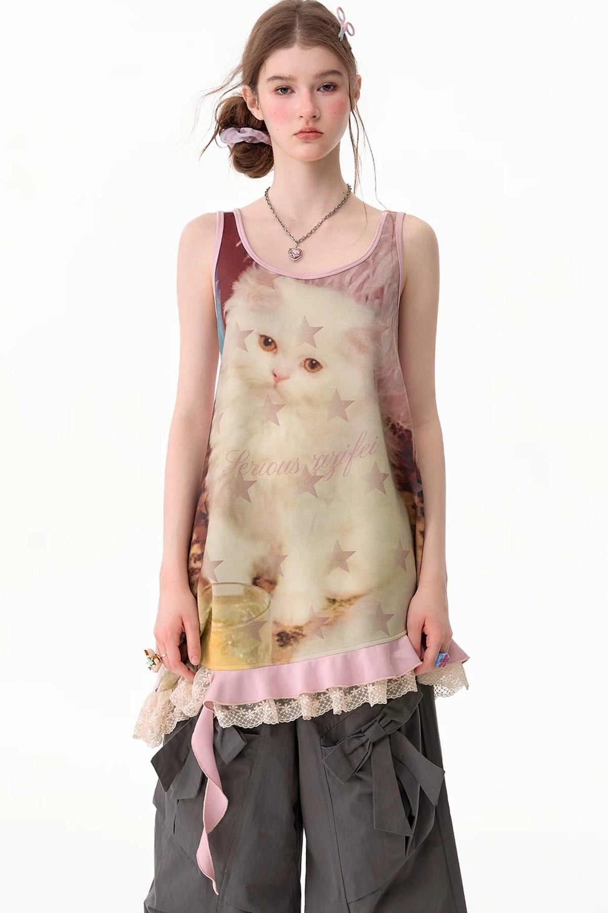 Pink Cat Print Lace Vest Dress