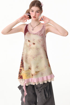 Pink Cat Print Lace Vest Dress