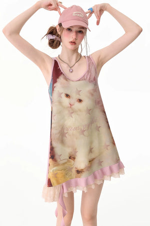 Pink Cat Print Lace Vest Dress