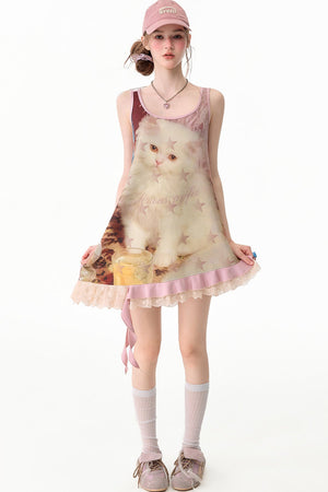 Pink Cat Print Lace Vest Dress