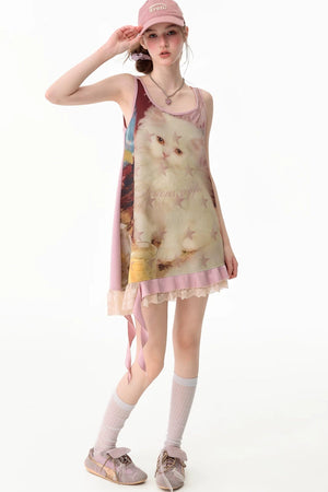 Pink Cat Print Lace Vest Dress