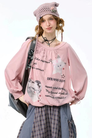 Pink Cat Print Lantern Sleeve Top