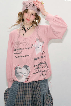 Pink Cat Print Lantern Sleeve Top