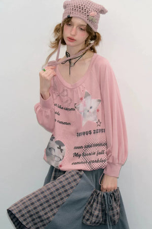 Pink Cat Print Lantern Sleeve Top