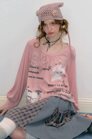 Pink Cat Print Lantern Sleeve Top