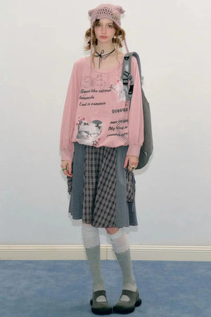 Pink Cat Print Lantern Sleeve Top