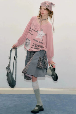 Pink Cat Print Lantern Sleeve Top
