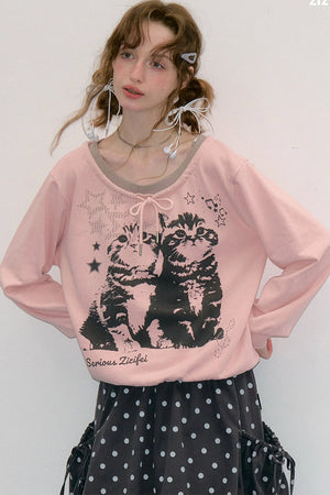 Pink Cat Print Tie Neck Sweatshirt