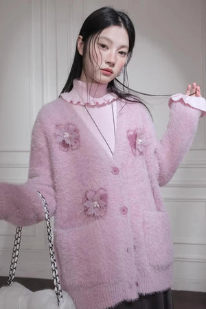 Pink Feather Flower Cardigan