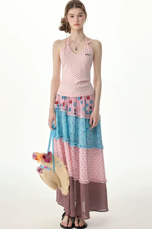 Pink Floral Polka Dot Tiered Skirt
