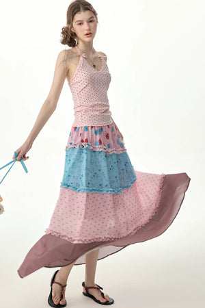 Pink Floral Polka Dot Tiered Skirt