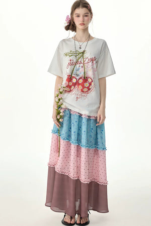 Pink Floral Polka Dot Tiered Skirt