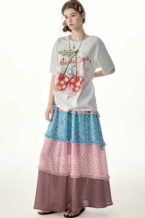 Pink Floral Polka Dot Tiered Skirt