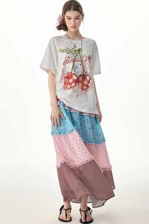 Pink Floral Polka Dot Tiered Skirt