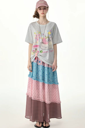 Pink Floral Polka Dot Tiered Skirt