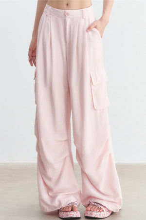 Pink High-Waisted Wide-Leg Cargo Pants