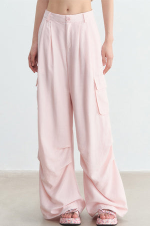 Pink High-Waisted Wide-Leg Cargo Pants