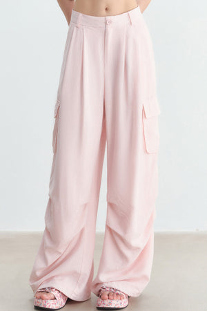 Pink High-Waisted Wide-Leg Cargo Pants