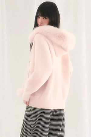 Pink Korean Fur Hooded Jacket
