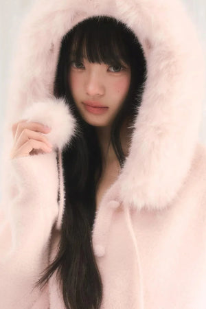 Pink Korean Fur Hooded Jacket