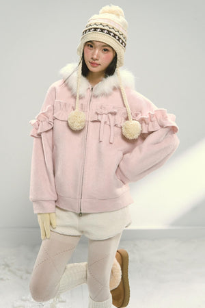 Pink Lace Fur Hooded Tweed Jacket