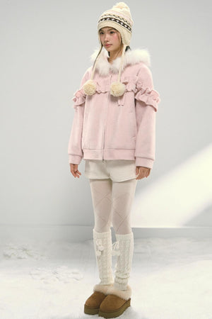 Pink Lace Fur Hooded Tweed Jacket
