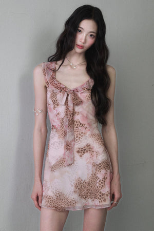 Pink Leopard Print Bow Tie Mini Dress