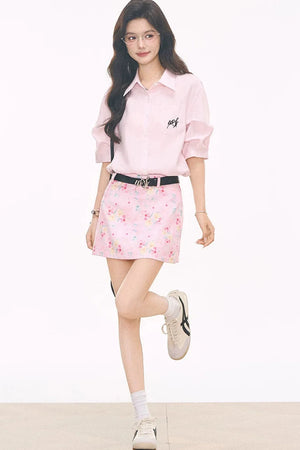 Pink Oil Painting Print Skirt Set-Up
