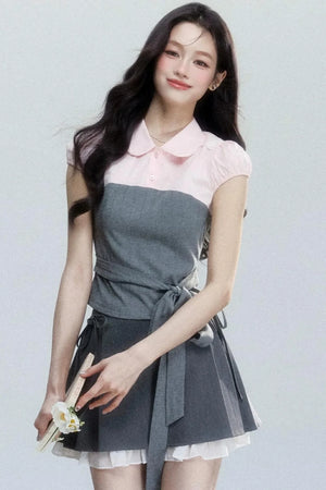 Pink Patchwork Tie-Up Blouse Set-Up