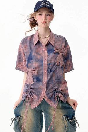Pink Plaid Bow Drawstring Blouse