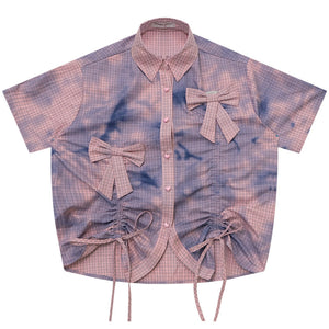 Pink Plaid Bow Drawstring Blouse