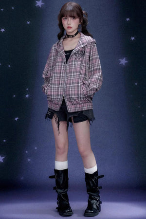 Pink Plaid Hooded Jacket